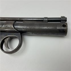 Webley 'Junior' .177 air pistol with top lever action and wooden grips; marked The Webley Junior .177 Webley & Scott Ltd Birmingham 4 Made in England to left side of cylinder; numbered 078 to muzzle and J3007 to trigger guard; L21cm; together with part tin of Webley .177 Special Pellets NB: AGE RESTRICTIONS APPLY TO THE PURCHASE OF THIS LOT.