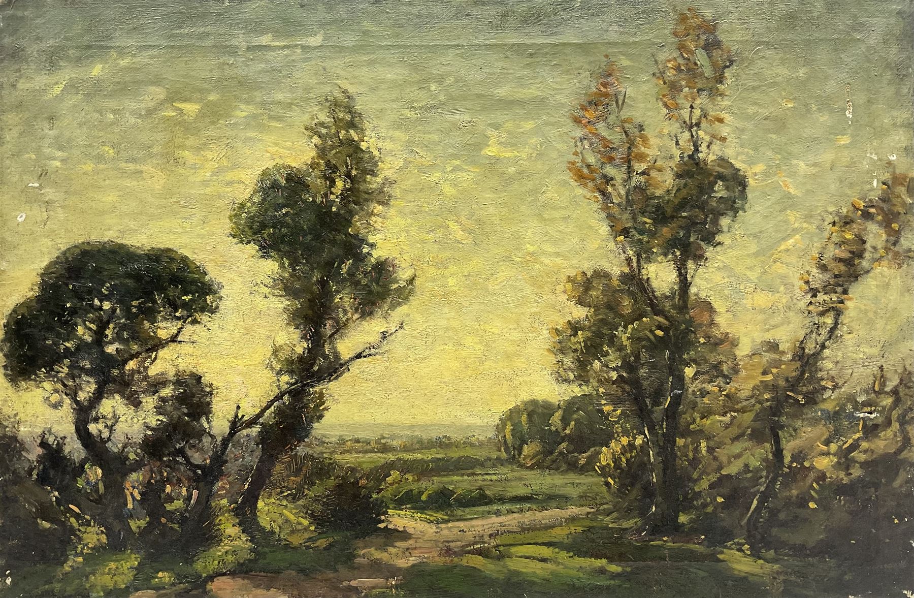 Paul Paul (Staithes Group 1865-1937): Trees at Sundown, oil on canvas unsigned 24cm x 41cm (unframed) 
Provenance: from the collection of the artist's great granddaughter