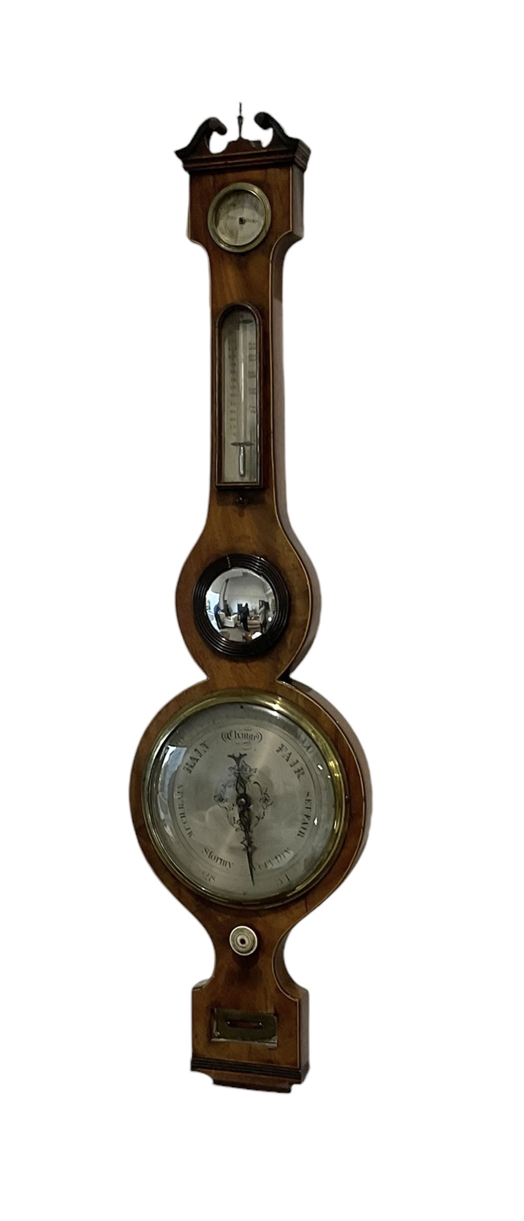 Mid 19th century mercury barometer - in a walnut case with a swan neck pediment, hygrometer, mercury thermometer, butlers mirror and spirit level, 8