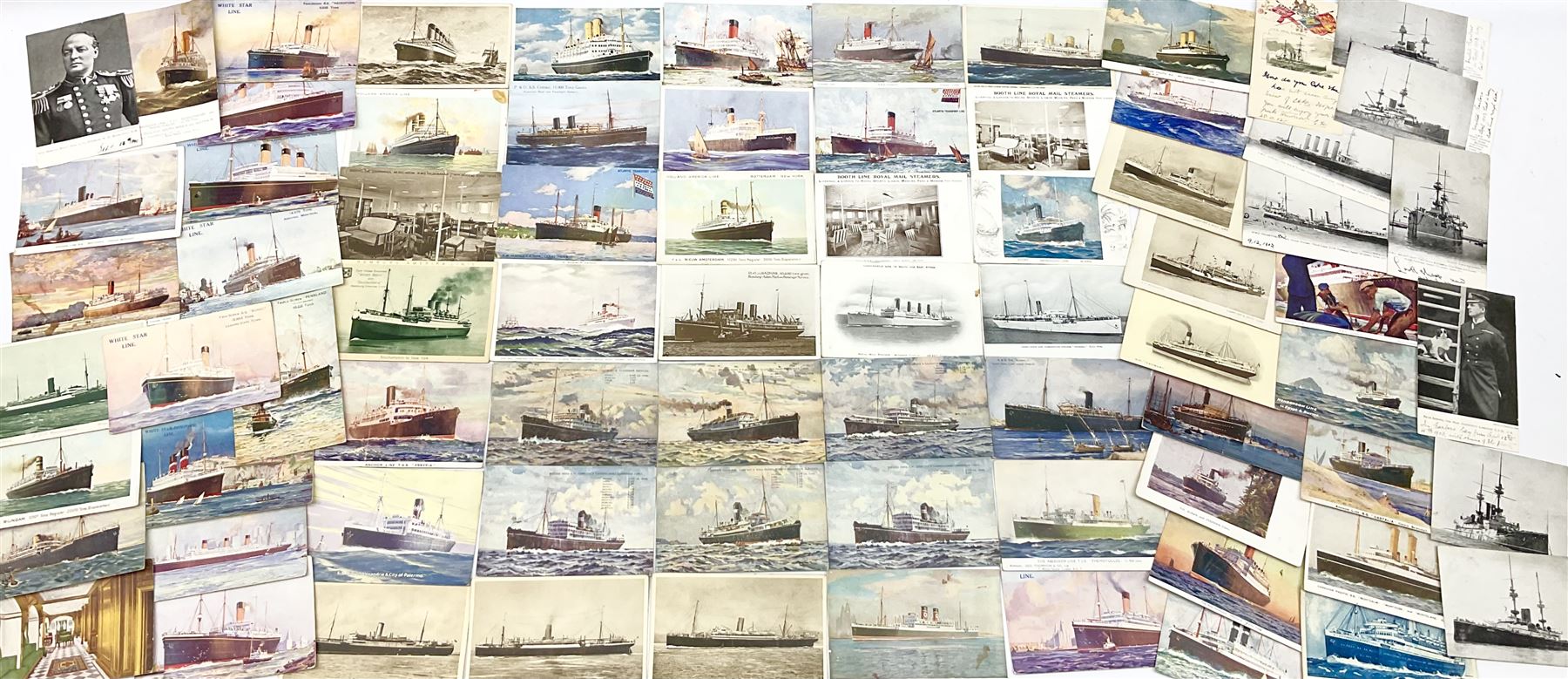 Sixty-five early 20th century postcards of passenger liners including White Star, Red Star, Atlantic Transport, Anchor, Cunard, Henderson, Booth, Union Castle, Holland America, Lamport & Holt, P. & O., New Zealand, Canadian Pacific, British India etc; and ten Edwardian postcards of Naval warships and officers (75)