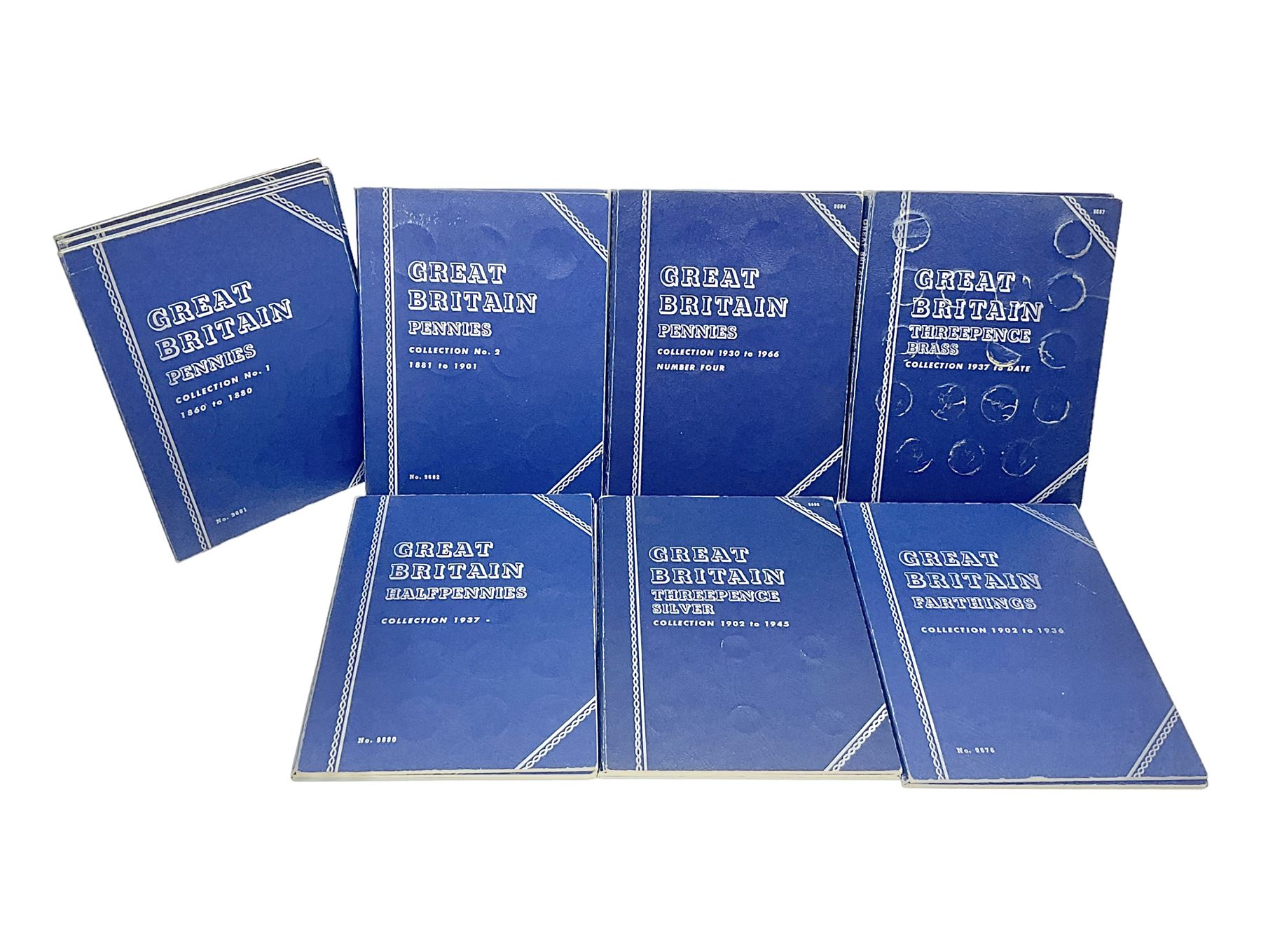 Nine filled and part filled Whitman folders to include filled Great Britain Threepence Silver collection 1902 to 1945 and Pennies collection 1881 to 1901, including George VI 1950 and 1951 penny coins etc
