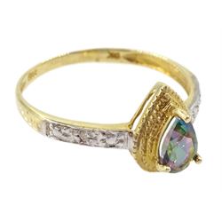 9ct gold pear shaped mystic topaz and diamond ring, stamped 9K