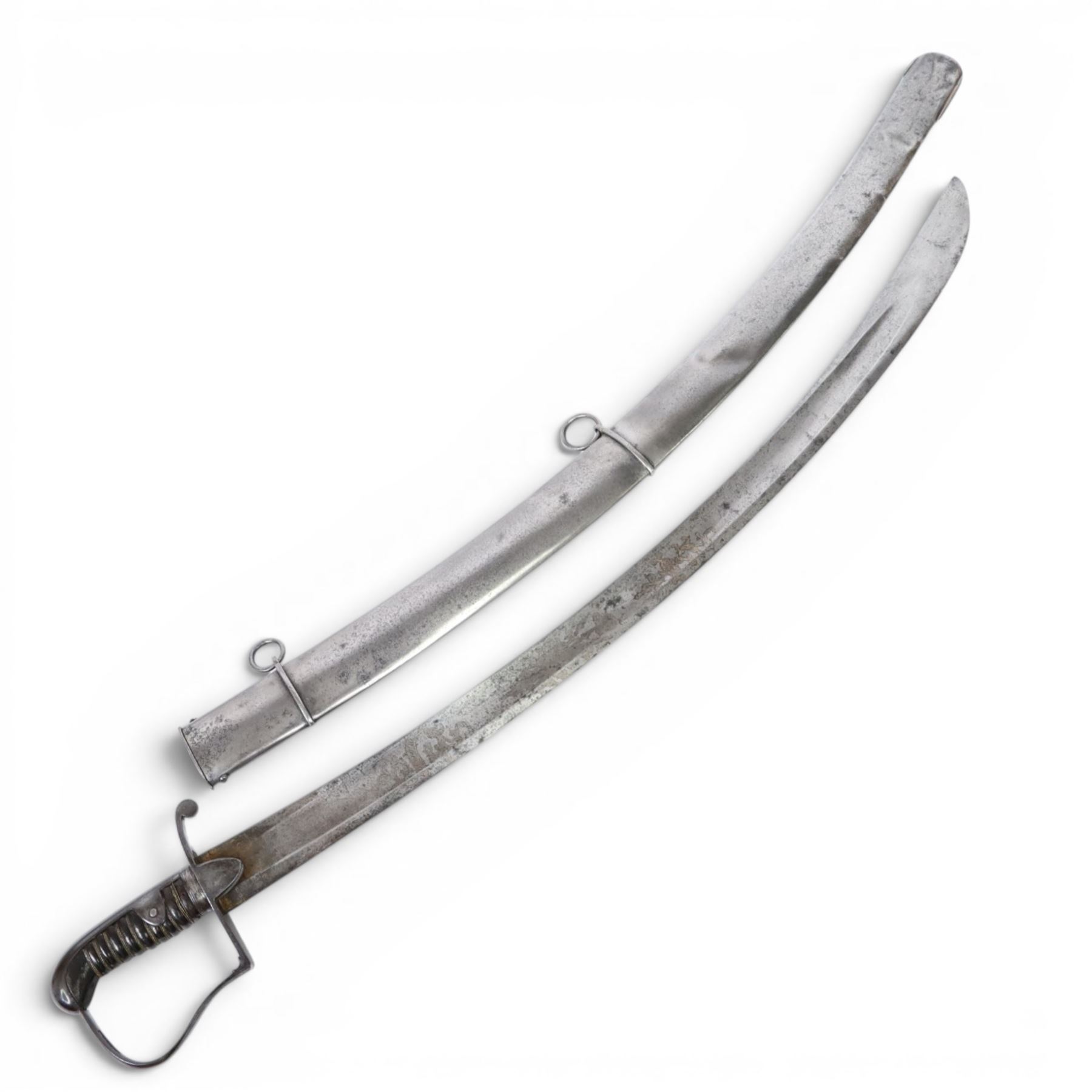 British 1796 pattern, light cavalry officers' saber, by Wooley, Deakin, Dutton of Birmingham, the 80cm single edge curved blade retaining traces of original blue and gilding which bears the coat of arms of George III and military trophies, the steel stirrup hilt with leather bound grip and original silver triple wire binding, within steel scabbard with twin suspension rings, overall L98cm  