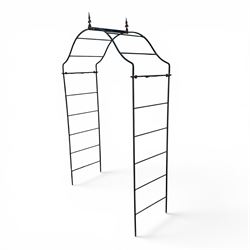 Antique wrought iron strapwork garden arch, with scroll form arched top with spearhead finials, over integral side trellis panels, in distressed black-painted finish
