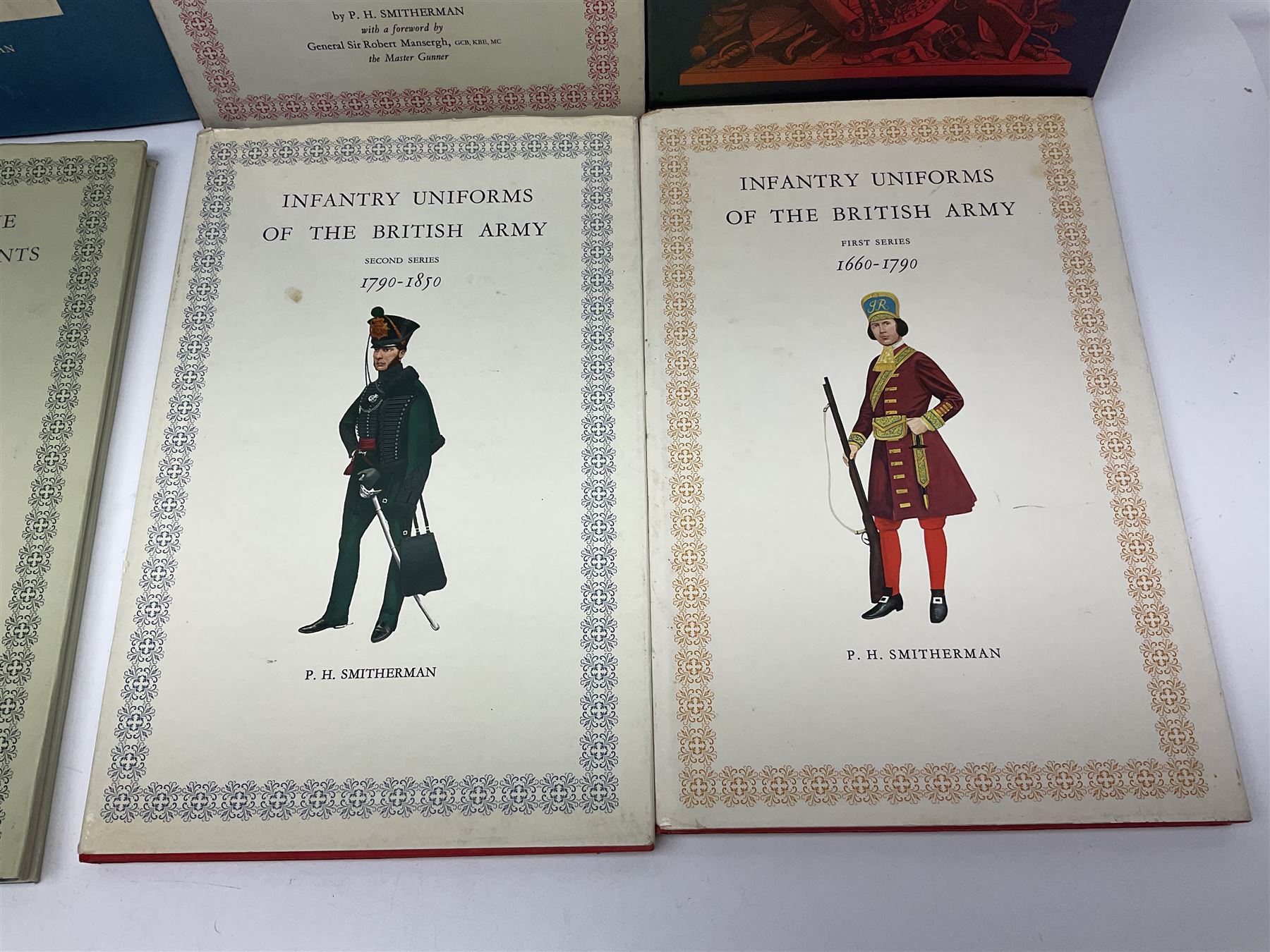 Set of six 1960s books on British Uniforms published by Hugh Evelyn London comprising Cavalry Uniforms of the British Army, Uniforms of the Royal Artillery, Uniforms of the Scottish Regiments, Uniforms of the Yeomanry Regiments and Infantry Uniforms of the British Army Series 1 & 2; all with dustjackets