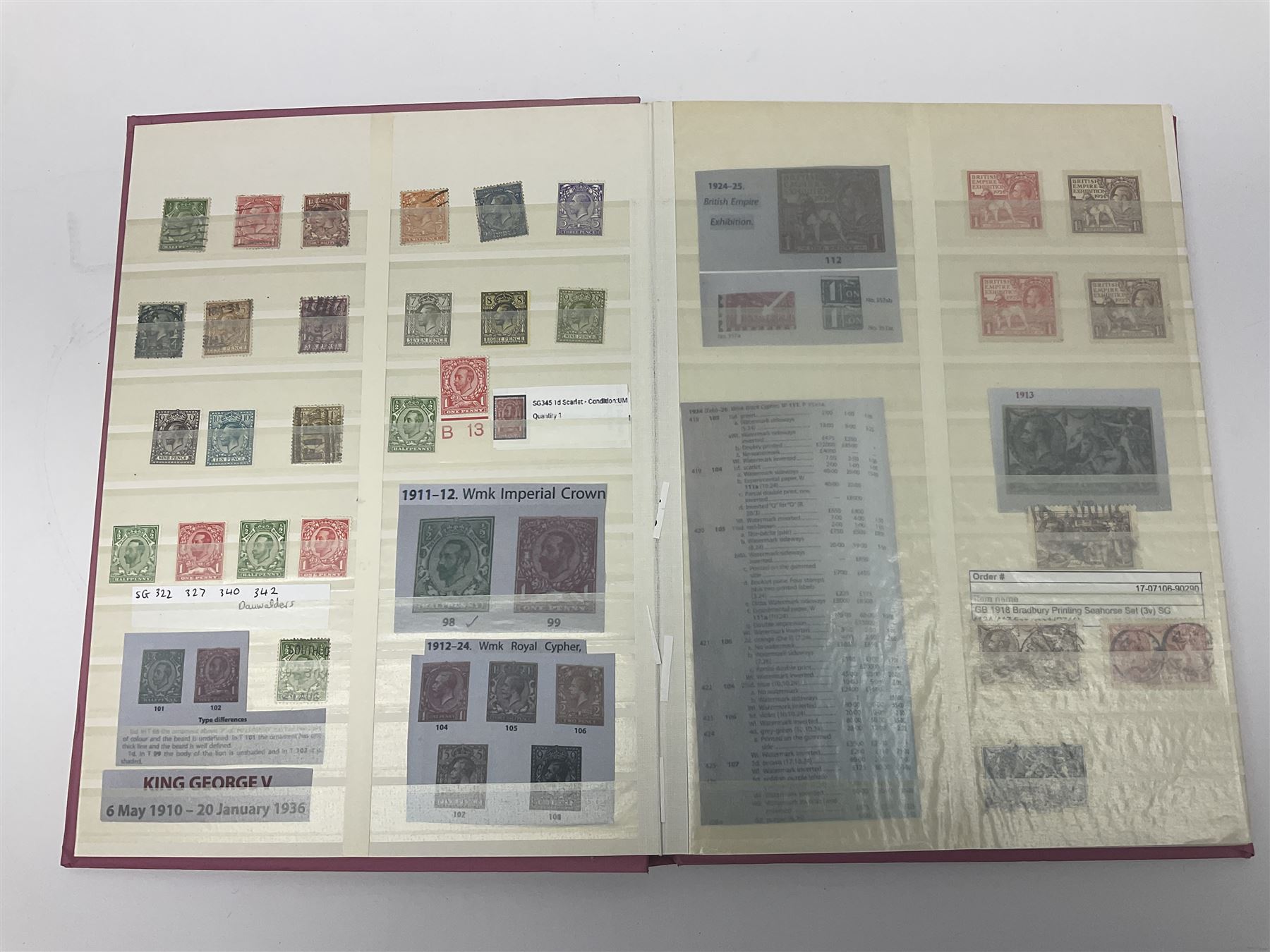 Mostly Great British stamps, including King Edward VII two shillings and sixpence, five shillings and ten shillings, King George V seahorses, King George VI high values, Queen Elizabeth II pre and post decimal etc, housed in a pink stockbook 