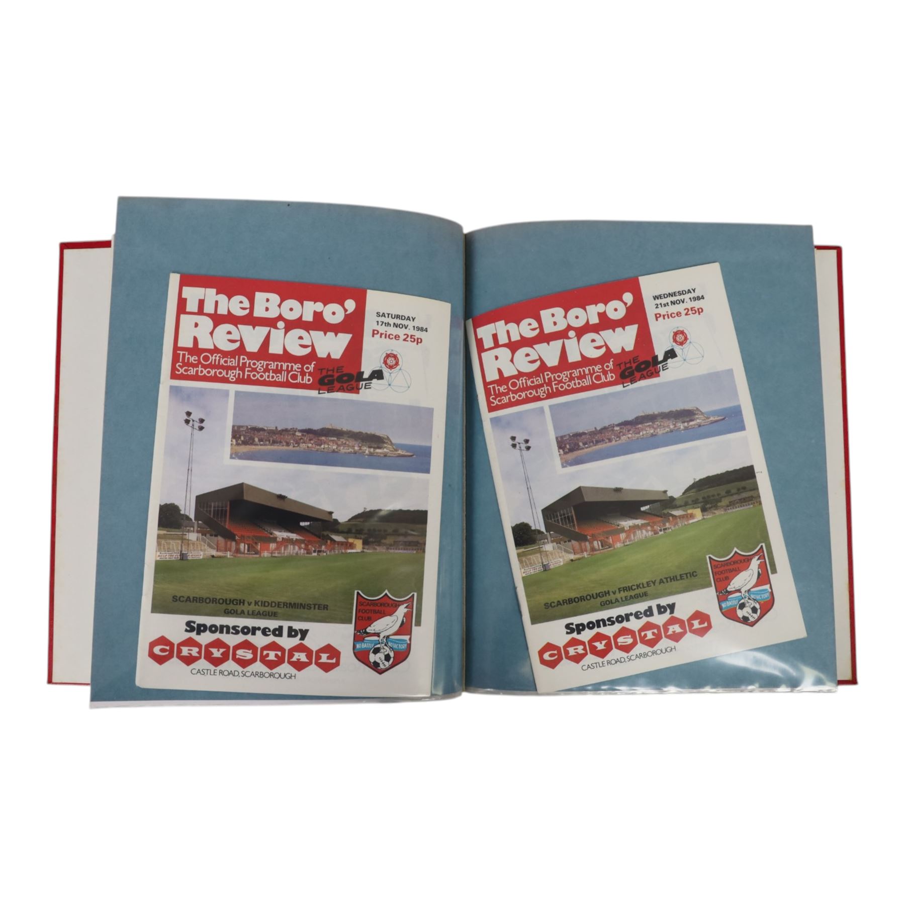 Comprehensive collection of approximately two-hundred Scarborough FC football programmes for the 1983/84, 1984/85,1985/86 and 1986/87 seasons, all filed within eight dedicated Scarborough FC red Home and Away binders 