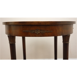  Early 20th century French oak marble top gilt metal mounted centre table, circular rouge marble inset on four turned supports joined by an undertier, D65cm, H73cm  