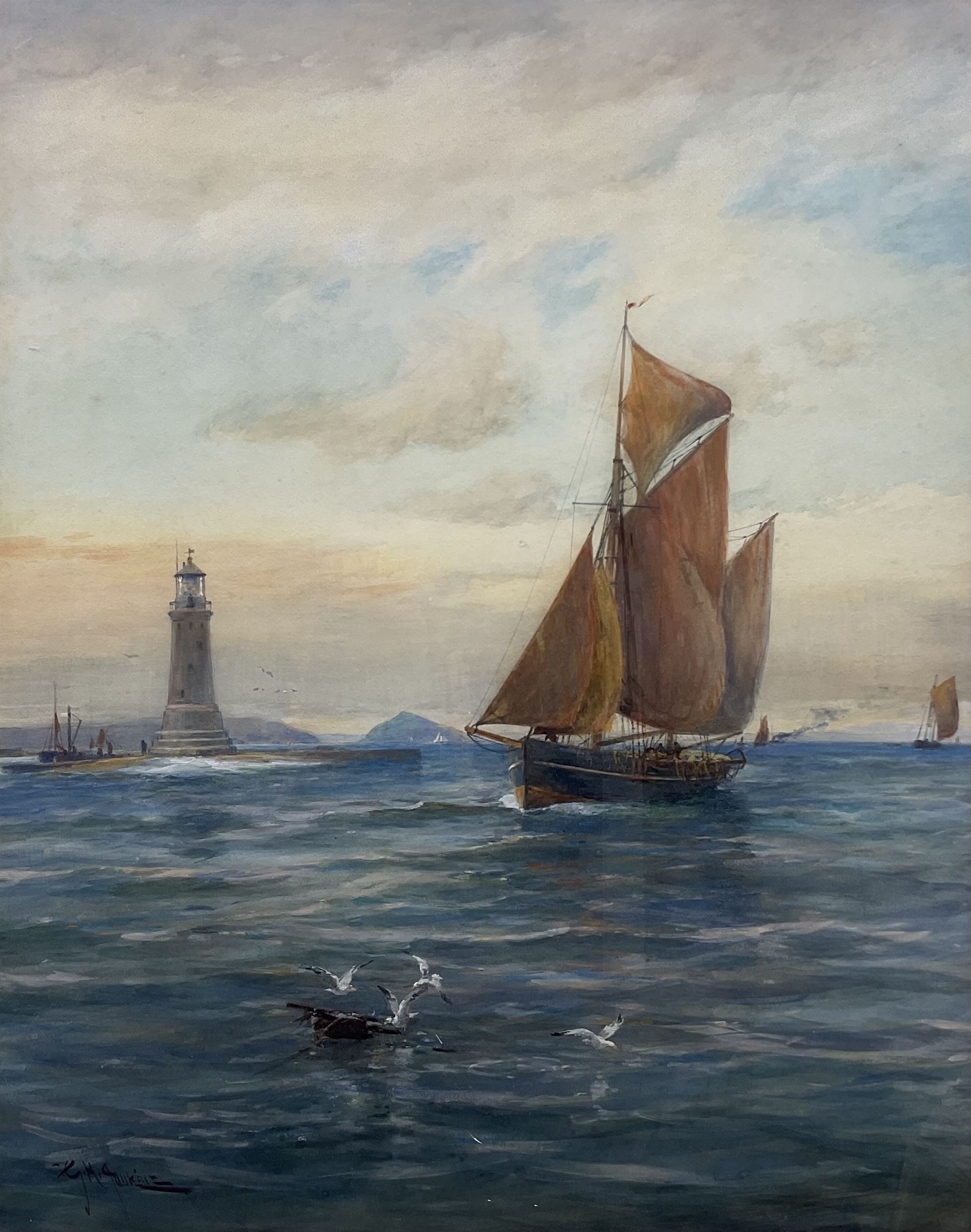 George Henry Jenkins (British 1838-1914): Falmouth Boat Rounding the Lighthouse, watercolour signed 74cm x 58cm