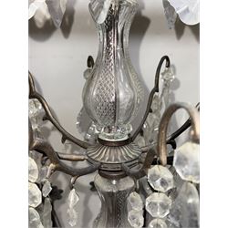 Early 20th century continental cut glass and metal chandelier, with sixteen candle style lights on a single tier of scrolled arms, hung with faceted glass drops and centred by a mould-blown and cut glass baluster stem, suspended from a ceiling rose and chain