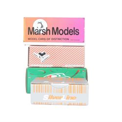 Sixteen resin and white metal model car kits, including Marsh Models Crosal Cheetah, Tron Kits Ferrari 308, Jemmpy Buggy Schelesser Megane Renault, Arena Models Fiat Service Van, Francorchamps Renault Megane Silhouette, Midlantic Models Maserati Birdcage, MEA Kit Dessert Warrior, etc, all boxed