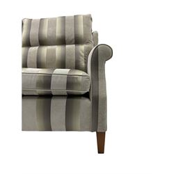 Duresta three seater sofa, walnut finish legs, silver and charcoal ombré striped upholstery 