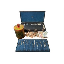 Large collection of continental coins and banknotes, in lacquered box, together with a box...