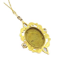 Early 20th century 9ct gold diamond and aquamarine enamel pendant, set with an oval hand painted panel depicting a cherub, within a textured openwork gold surround, set with two pear cut aquamarines and two old cut diamonds, and old cut diamond set bail in a milgrain setting, on gilt chain necklace, total diamond weight approx 0.40 carat 