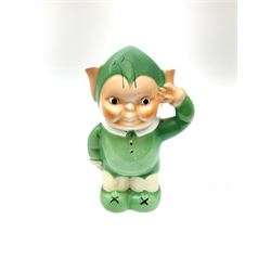 Shelley Boo Boo three piece tea set designed by Mabel Lucie Attwell, comprising teapot modelled as a house, sugar bowl modelled as a toadstool, and creamer modelled as an elf, each with printed marks beneath, together with a Shelley Mabel Lucie Attwell teacup and saucer. 