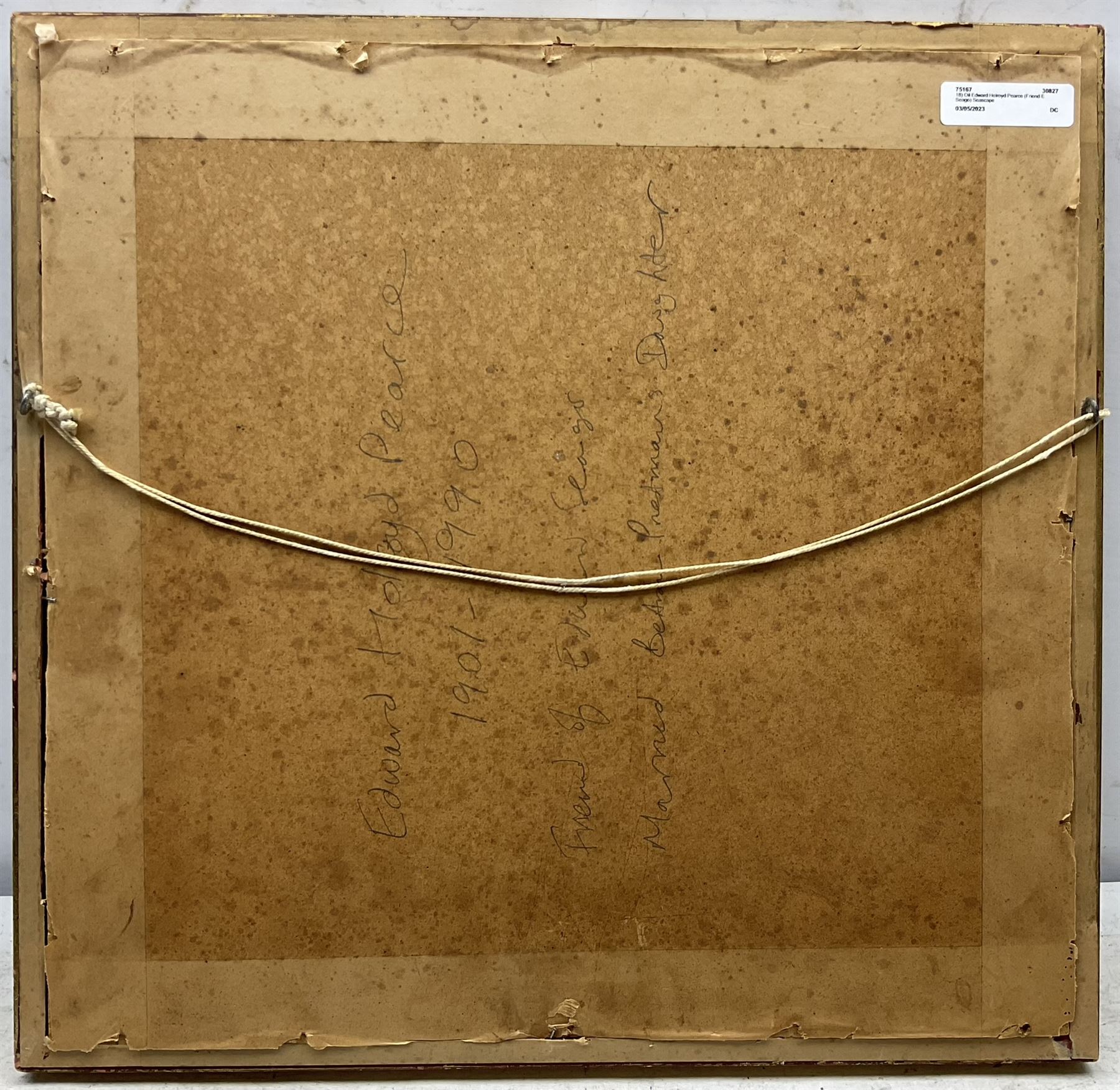 Edward Holroyd Pearce (British 1901-1990): Coastal Seascape, oil on canvas board signed with initials and inscribed to Mr & Mrs Rood 25cm x 29cm
Notes: Edward Pearce, though best known as a distinguished Law Lord & Privy Counsellor, was also a talented artist. He first took up painting in 1932 when as a young barrister he was recovering from tuberculosis. He was the son in law of Bertram Priestman, and a friend of Edward Seago. Together they made a number of painting tours to the Continent, travelling in Seago's Austin Seven