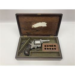 The major parts only of a British Bull-Dog .500 Boxer five-shot revolver comprising stripped down framework, cylinder, trigger with guard, functioning hammer and two-piece chequered grip; retailed by G. Goth Buenos Ayres; Belgian proof marks; L19.5cm overall; in fitted mahogany case 