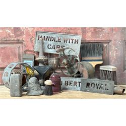Group of unusual decorative items, to include stencils, finials, hand cranked brass firepl...