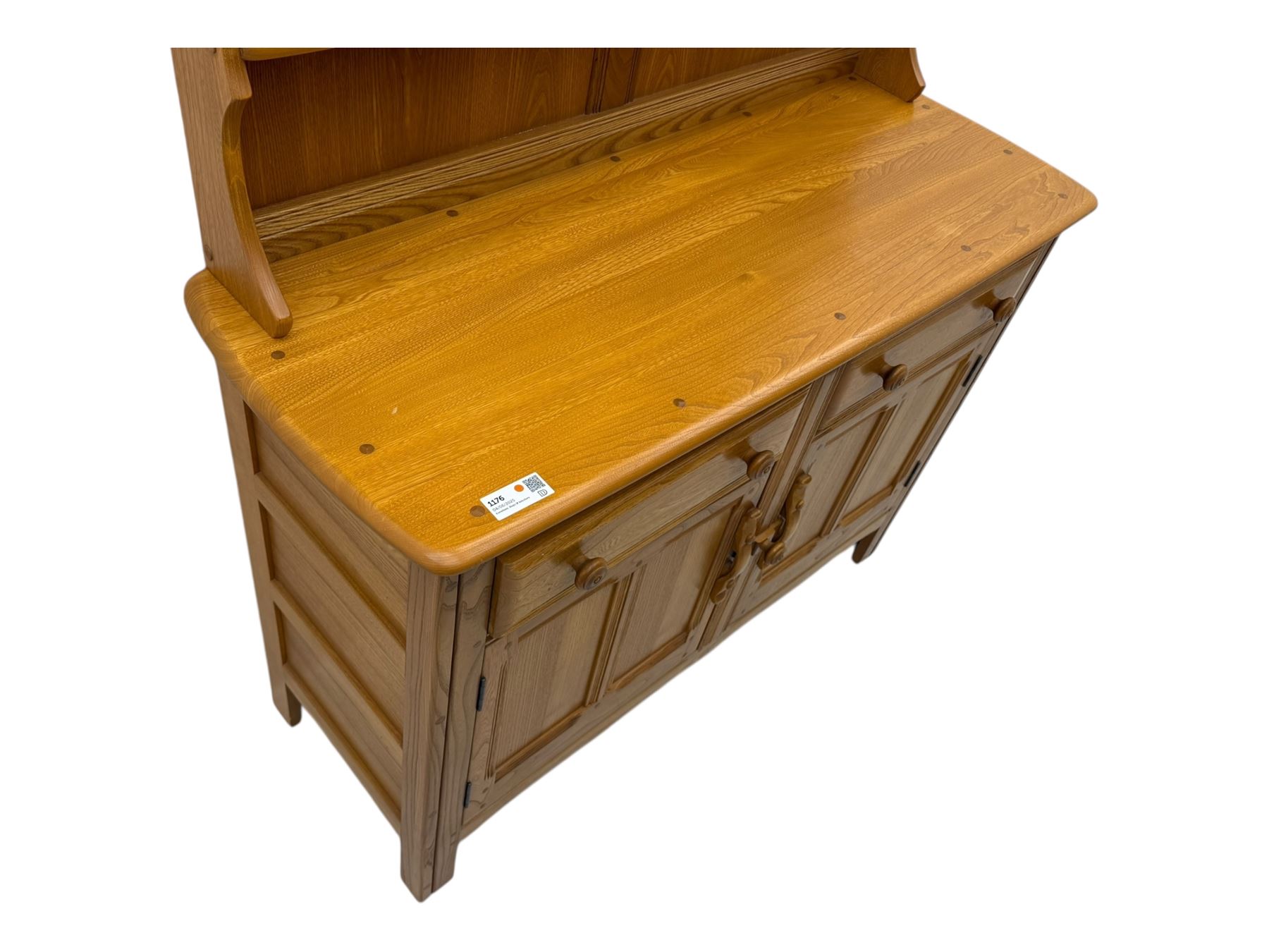 Ercol - golden dawn light elm dresser, plate rack above two drawers and two cupboard doors with sliding wooden lock mechanism 