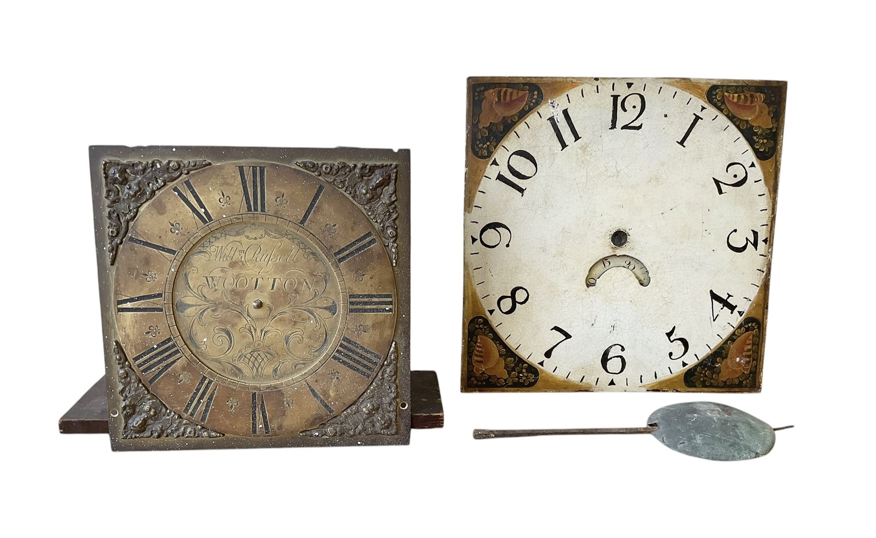 Early 18th century 30hr count-wheel  longcase clock movement by William Russell of Wootton, with a 10” brass dial, seat board and pendulum bob.
With a 12” 19th century 30hr painted dial with Arabic numerals. No movement.