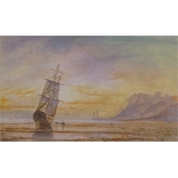 English School (19th/20th century): Ship on Upgang Beach Whitby at Sunset, watercolour signed G Weatherill 11cm x 18.5cm