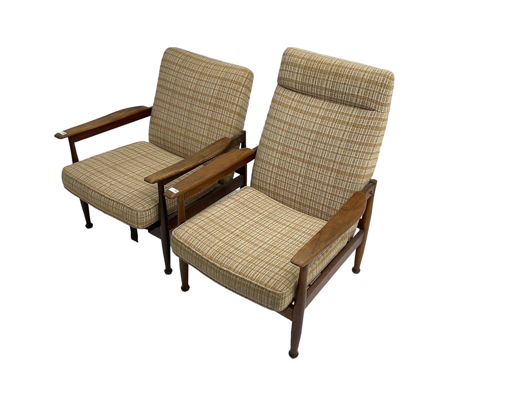 Guy Rogers - pair mid-century 'Manhattan' teak framed open armchairs, upholstered seat and back on turned supports