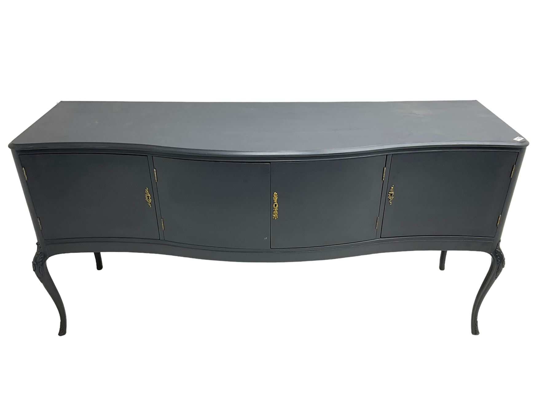 French design grey painted teak serpentine sideboard, the shaped front fitted with central double cupboard flanked by two single cupboards, each concealing drawer, on cabriole supports