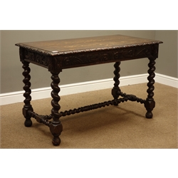  Late 19th/early 20th century oak side table, rectangular lunette carved top above single frieze drawers, scrolled acanthus leaf decoration, barley twist supports and stretchers, 115cm x 59cm, H72cm  