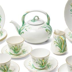 Victorian Copeland part tea service, painted in a Spring pattern with hay and flowers, comprising nine teacups and eleven saucers, teapot, milk jug, two large serving plates and three smaller and twelve side plates