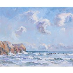 Christine M Pybus (British 1954-): 'Winter Surfing at Sandsend', oil on board signed 29cm x 36cm 