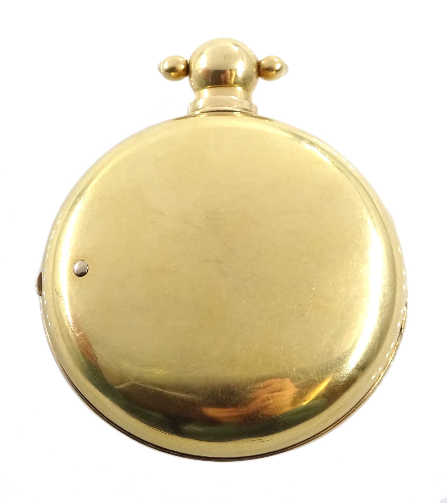 George III 18ct gold pair cased English lever fusee pocket watch by John Bolton, Durham, No. 844, round baluster pillars, engraved balance cock with flower decoration and diamond endstone, stop/work lever, cream enamel dial with Roman numerals and subsidiary seconds dial, case makers mark V&R, Chester 1819