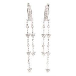 Pair of 18ct white gold diamond hoop earrings, diamond set hoops, suspending two strands o...