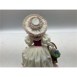 20th century Dresden lace figure, depicting a lady wearing an elaborate lace crinoline dress, carrying a basket of flowers on her arms and in a crinoline hat, with printed mark beneath, H20cm