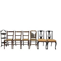 Pair georgian design dining chairs; pierced splat backs; four canework chairs; cake stand