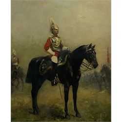 G Lindheimer (19th century): Mounted Dragoon Guardsman, oil on mahogany panel signed and dated '98, 54cm x 45cm