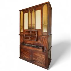 Mid-18th century Johannes Schnetzler (John Snetzler) Chamber Organ 1742
Single manual chamber organ, five octave keyboard with 58 keys GG-f3, A=427, with ebonised naturals and ivory faced sharps. With six speaking stops, Open Diapason, Twelfth, Cornet, Stopped Diapason, Flute and Fifteenth. Crank foot operated single rise reservoir. Case with alterations from the early part of the 19th century including the “gothic” arches and rectangular watered silk panels. Some of the pipework has been replaced, all the pipework is however present and the organ plays, however the pipe work is dirty and in need of attention, the action and stop work is also in need of some repair, adjustment and regulation. Thought to be the oldest Schnetzler chamber organ in Great Britain and is referred to in some sources as possibly owned by Handel who lived in London when Schnetzler worked there. However there is no documentary evidence to confirm this. Full notes and technical details regarding the background, restoration and history of this instrument can be found in The Harley Foundation Historical and Technical Report No 29 (2005) by Edward Bennett and Martin Goetze. This report can be downloaded 
HERE.

Given the intricate nature of these historic instruments, specialist support will be available if required – including a professional organ builder prepared to undertake full dismantling and reassembly – to assist successful buyers with safe removal and onward handling. Price upon application. 

This item has been registered for sale under section 10 of the APHA Ivory Act Reference GXAQ2W4S




