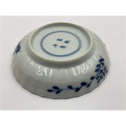 18th century Chinese blue and white Kangxi teacup and saucer, decorated with dancing figures, four character Kangxi mark beneath, saucer D10cm