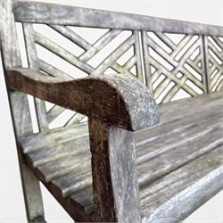 Plantation teak garden bench, triple lattice with slatted seat
