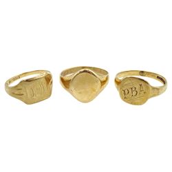 Three 9ct gold signet rings, all hallmarked