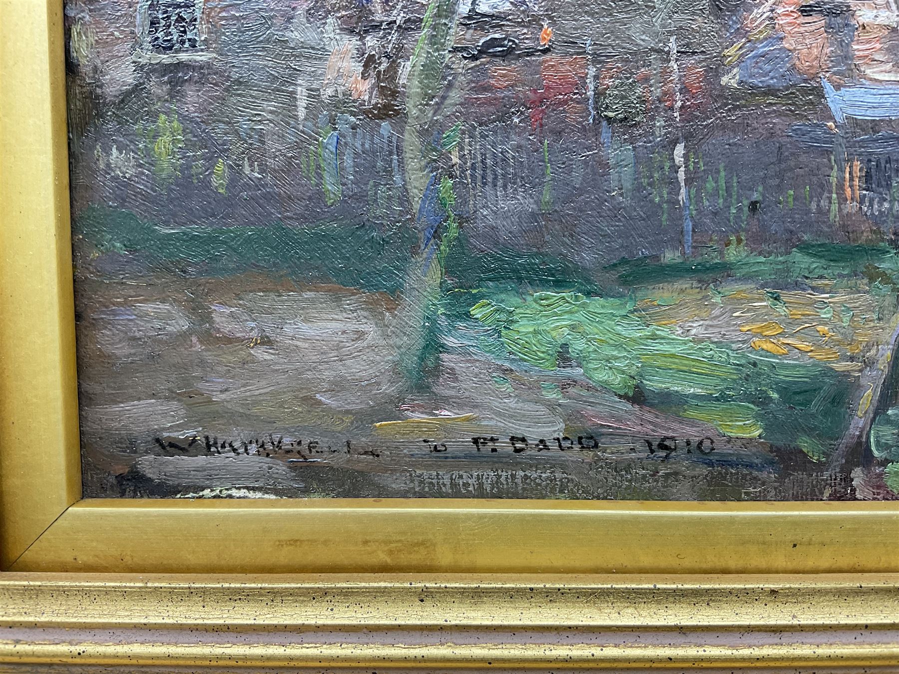 William Hatherell (British 1855-1928): View of the Cottage, oil on board signed 'W Hatherell to P. Dadd' and dated 1910, 13cm x 21cm
Notes: likely referring to Philip Dadd (British 1880-1916), a fellow illustrator. 