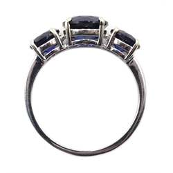  9ct white gold three stone synthetic blue sapphire ring, hallmarked  