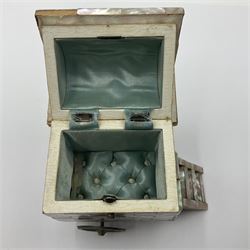 19th century French souvenir jewellery casket in the form of a bathing machine, having mother of pearl panelled tiled effect body, hinged roof/cover revealing a blue silk fitted interior with cushioned base, two silvered metal wheels, abalone shell door and mother of pearl steps, inscribed 'Berck Plage' in blue, H12cm, W13cm 
