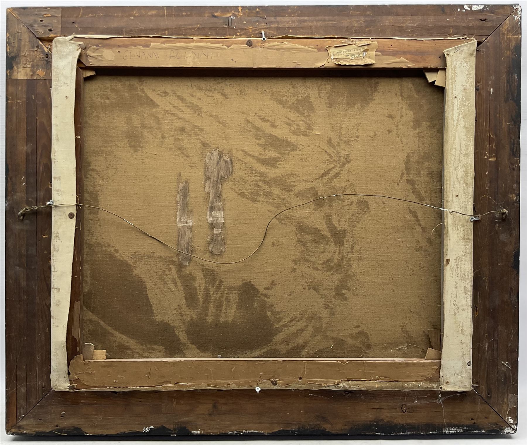 After Giovanni Boldini (Italian 1842-1931): The New Hat - Portrait of Lina Cavalieri, oil on canvas unsigned, James Bourlet & Sons label verso 59cm x 75cm