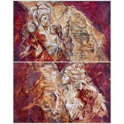 Joy Kirton Smith (British Contemporary): ‘Faces and Masks I & II’, pair printer's prof silkscreen prints on canvas signed and numbered 1/10, 37cm x 57cm (2) 