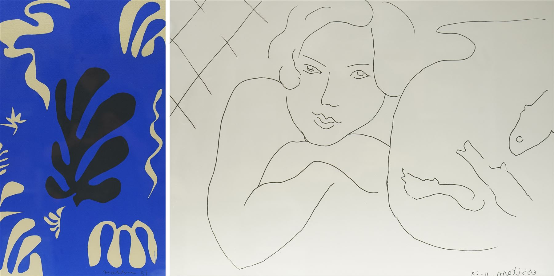 After Henri Matisse (French 1869-1954): 'Composition Fond Bleu' and 'Jeune Fille Rêvant près d'un Bocale de Poissons', two lithographs signed in the plate max 46cm x 63cm (2)