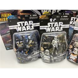 Star Wars - The Saga Collection - Mace Windu's Jedi Starfighter; boxed; and twelve carded figures comprising Biker Scout, General Grievous, At-At Driver, Clone Trooper Sergeant, various other Clone Troopers and Commander Cody, Snowtrooper and Scorch Republic Commander; all in unopened blister packs (13)