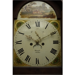  Early 19th century oak and mahogany banded longcase clock, triple arched trunk door with inlay, eight day movement with enamel dial painted with cattle and castle scene signed 'Wrangles Scarboro', H221cm  