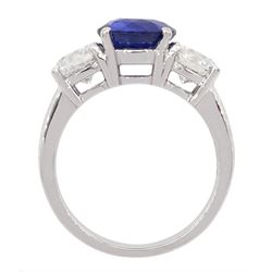 18ct white gold three stone sapphire and round brilliant cut diamond ring, hallmarked, sapphire approx 2.20 carat, total diamond weight approx 1.45 carat