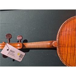19th century full size European violin, spruce top, figured maple full back and sides, double purfling, in fitted case with two bows.