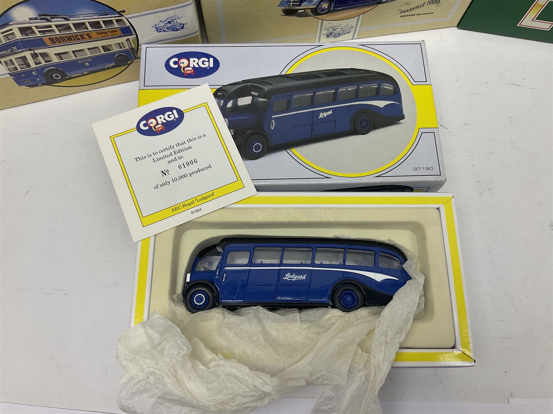 Corgi - twenty eight modern die-cast model coaches, buses and wagons to include Corgi Classics 35305, 96991, 97002, two 97108, 97208, 97267, 97335, 97871 and 98162; limited edition sets D949/26, 97107 and 97185; The Yorkshire Rider Series 91700, 91853, 91858 and 91862; all but one in original boxes or perspex display cases, most with certificates (27)